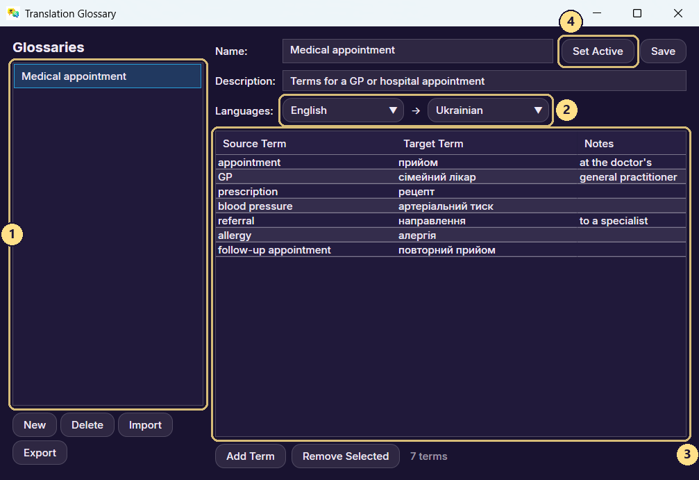 Translation Glossary, with a demo “Medical appointment” profile: exact translations you supply override the automatic ones.