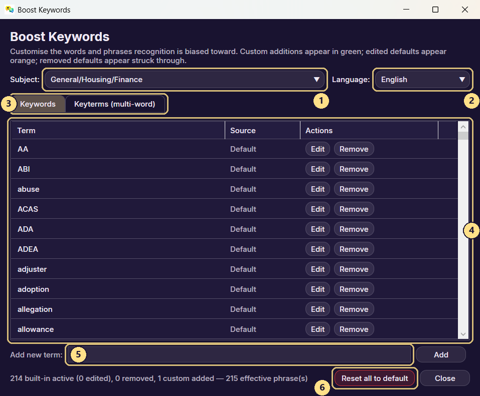 Boost Keywords: a list of words and phrases DuoVox should listen for more closely.