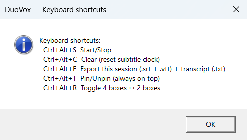 The Keyboard Shortcuts panel, reachable from the menu.