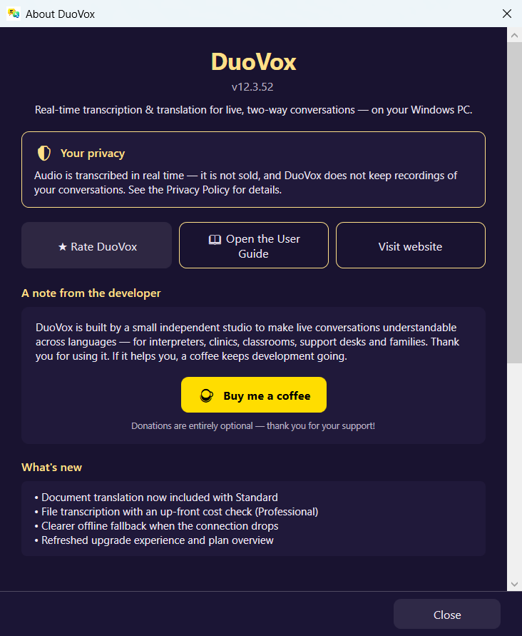 The About panel, showing your installed version.