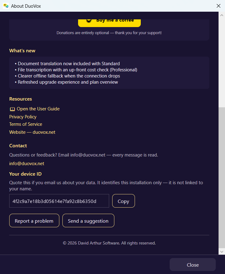 Scroll down in About for your device ID, links to the privacy policy and terms, and the buttons for reporting a problem or sending a suggestion.