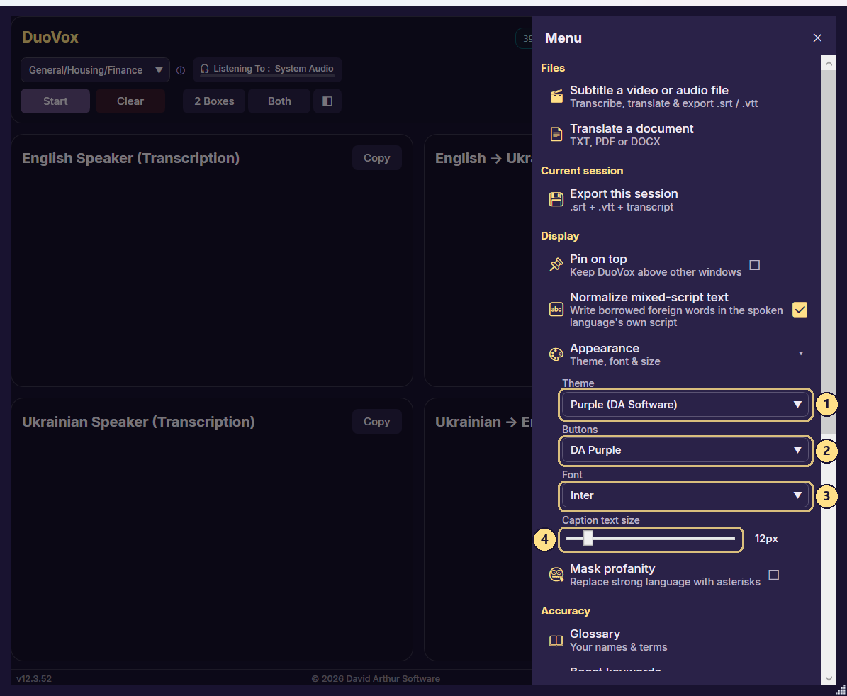 The Appearance panel: pick a Theme, a Button style, and the caption Font and text size. Your choices are remembered between sessions.
