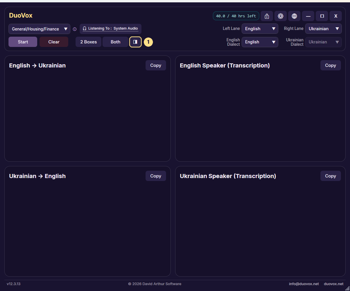 The arrangement button cycles three layouts: stacked, transcripts on the left, or translations on the left, as here.