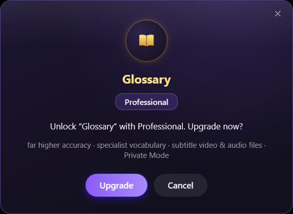 Clicking a locked feature shows this poster: the feature, the plan that unlocks it, and what upgrading adds.