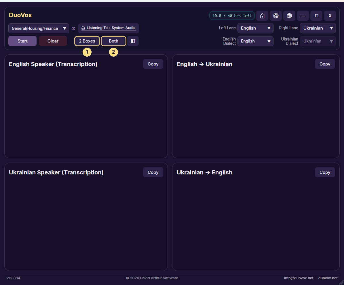 Both, 4 Boxes (the default): every transcript and translation visible at once.