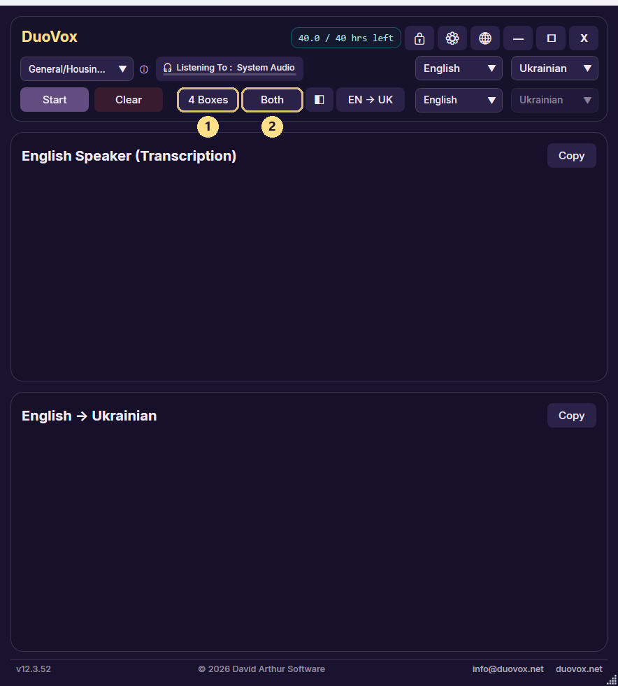 2 Boxes: one speaker's transcript and its translation only, in a narrower window.
