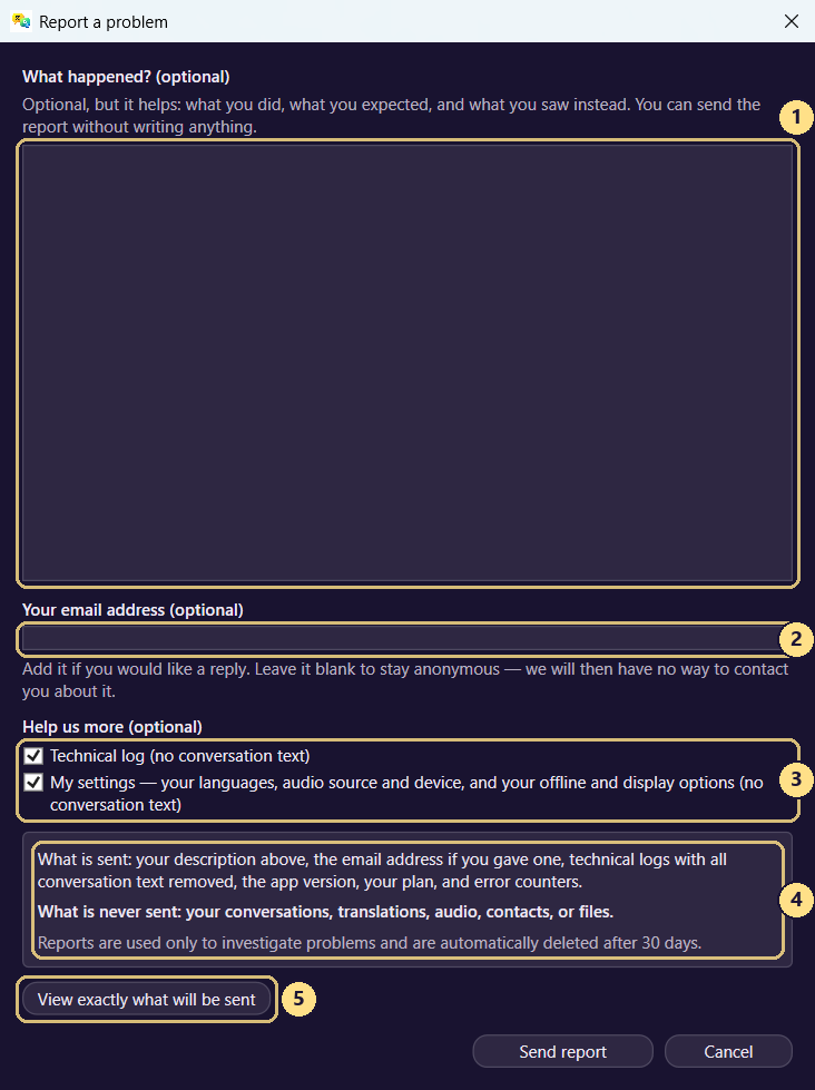 The Report a problem window. Nothing is sent until you press Send report.