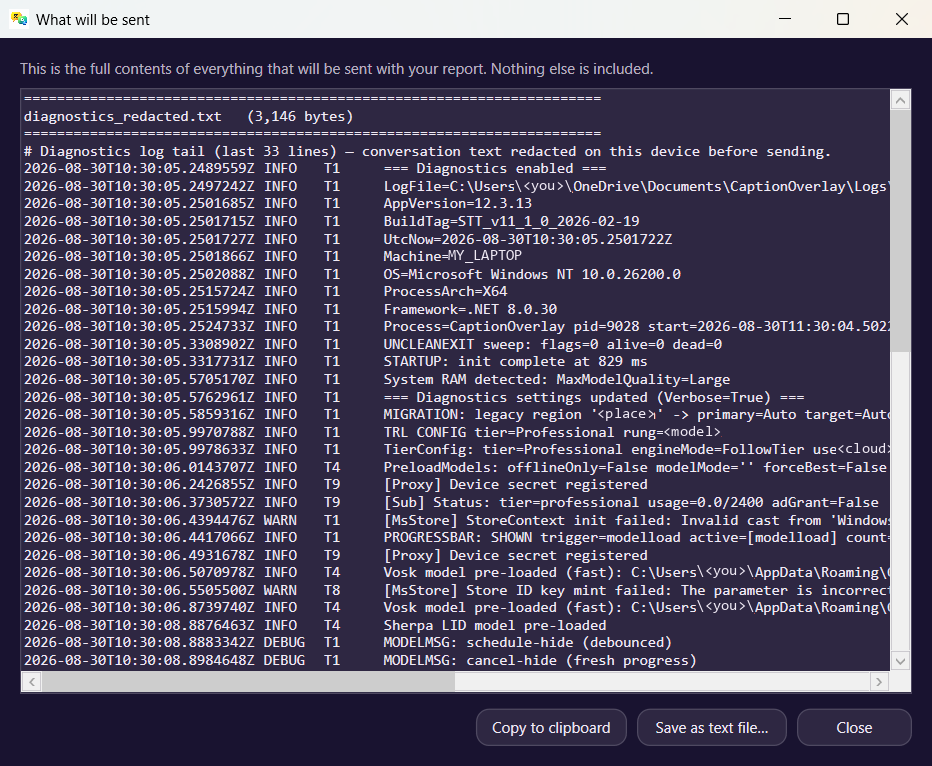 View exactly what will be sent shows every file in the report, in full, with buttons to copy it or save it as a text file.