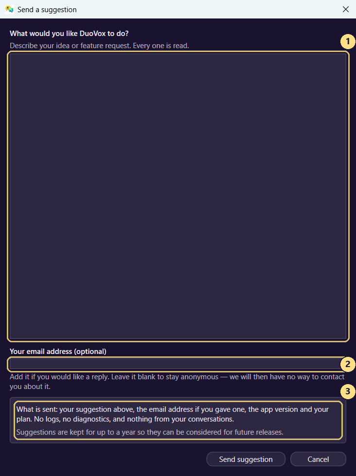 The Send a suggestion window.