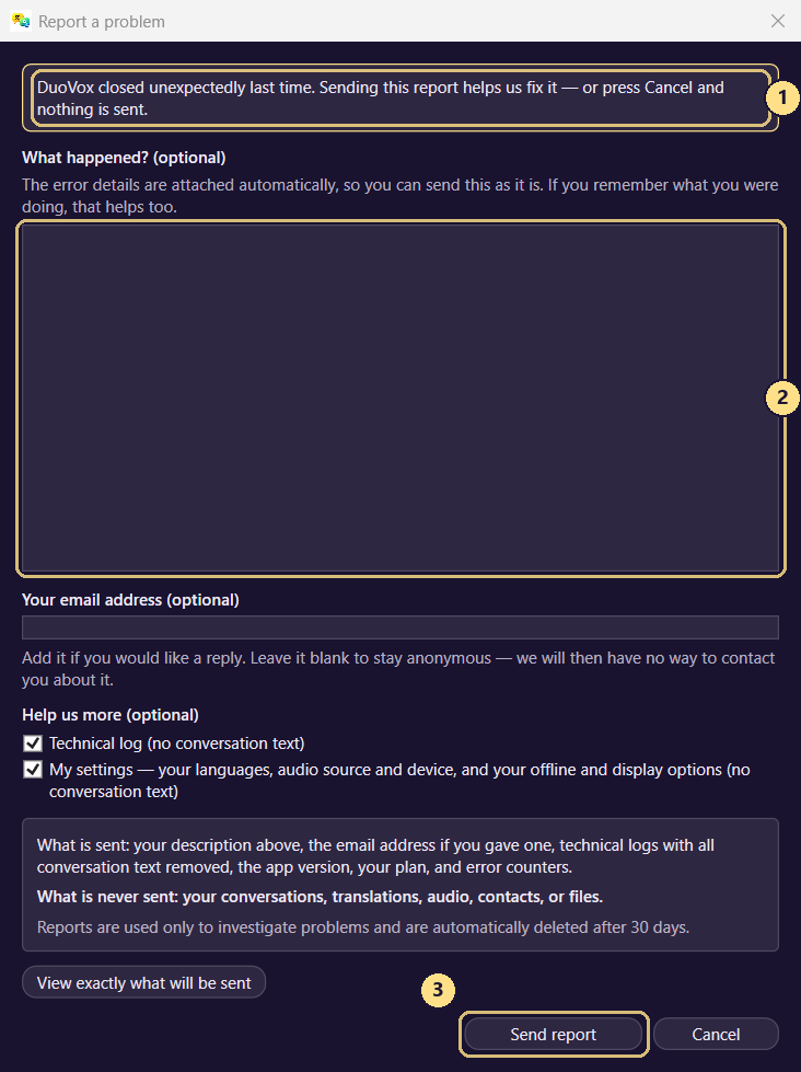What DuoVox shows the next time you start it after an unexpected closure.