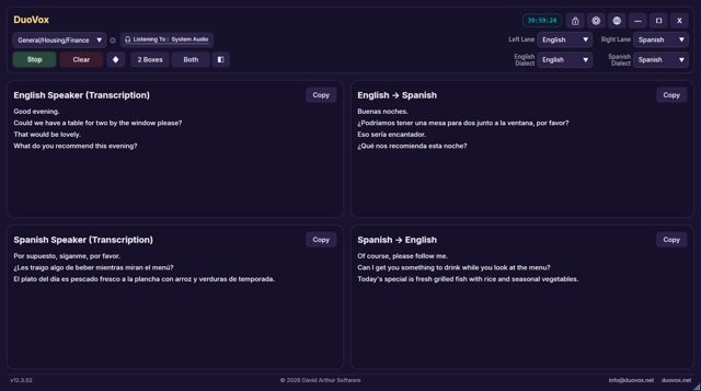 The four-box view: an English and a Spanish speaker, each with a live translation